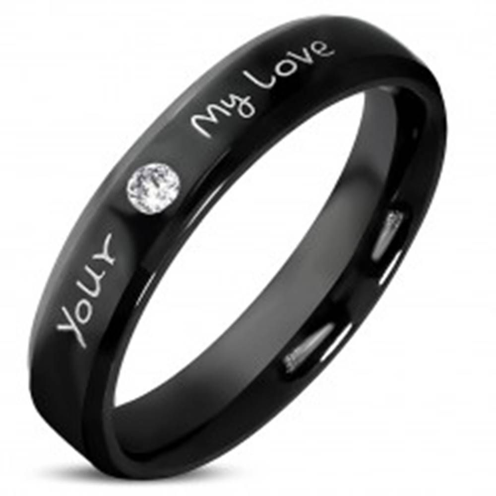 Šperky eshop Oceľová obrúčka čiernej farby - číry trblietavý zirkón, nápis "Your, My Love", 3,5 mm - Veľkosť: 49 mm