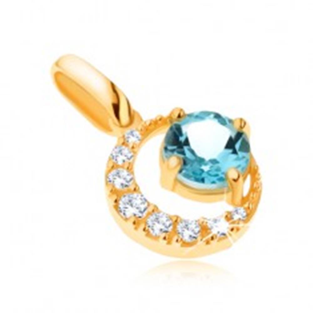 Šperky eshop Prívesok v žltom 14K zlate, zirkónový kosák mesiaca, okrúhly modrý topás