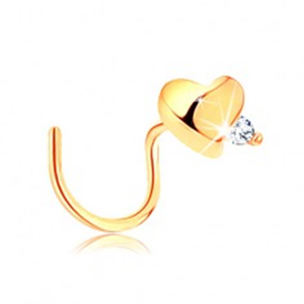 Šperky eshop Zlatý piercing 585, zahnutý - lesklé vypuklé srdce, číry zirkónik