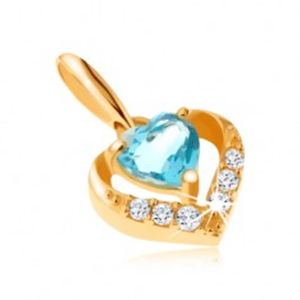 Šperky eshop Zlatý prívesok 375 - zirkónový obrys srdca, modrý srdiečkový topás