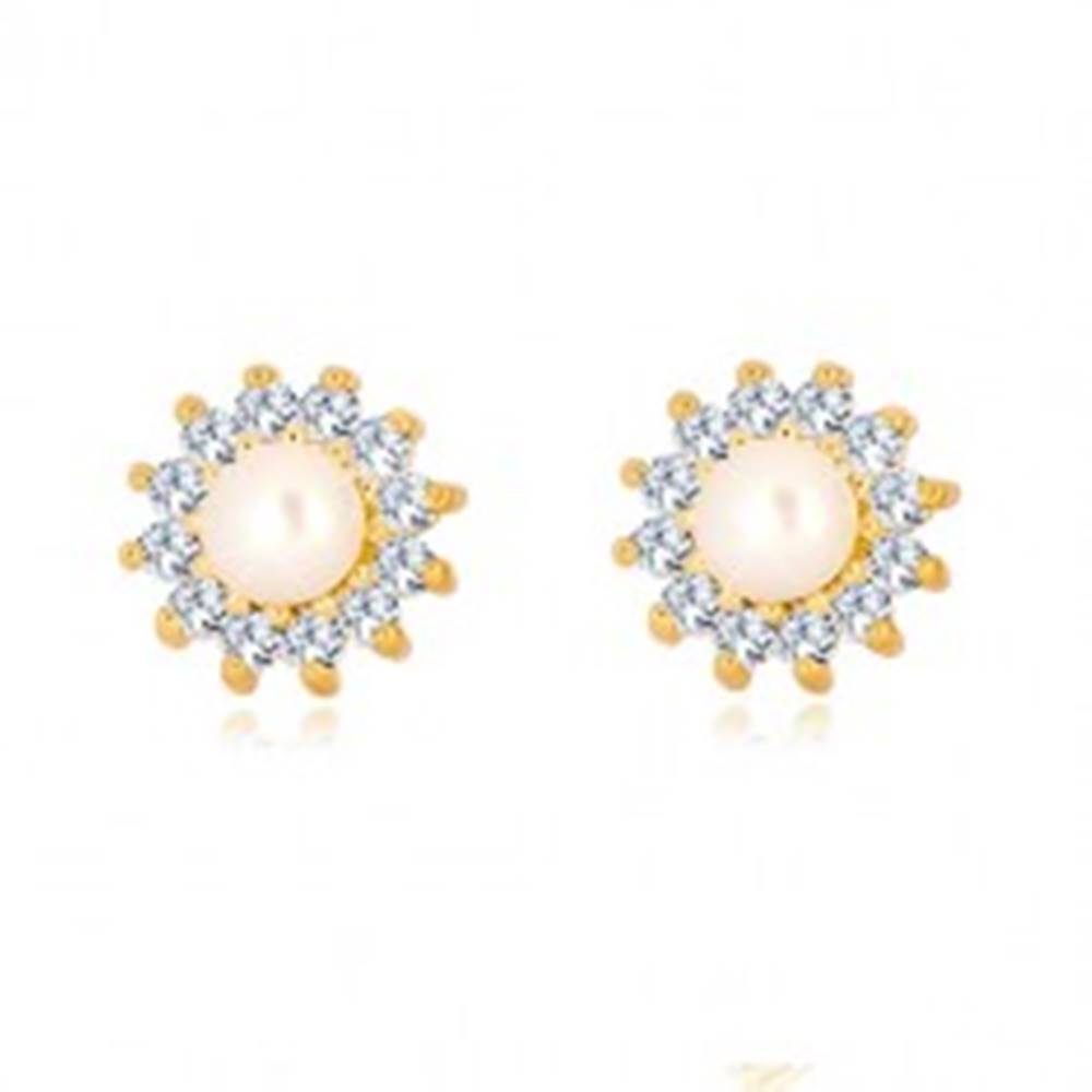 Šperky eshop Zlaté 9K náušnice - trblietavý zirkónový kvet, perla bielej farby, puzetky