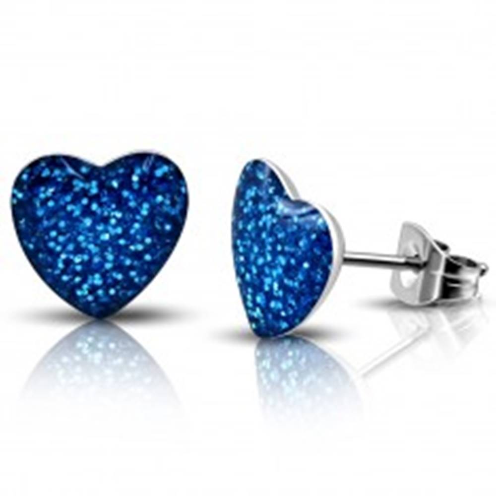 Šperky eshop Oceľové náušnice - modré trblietavé srdce, puzetky