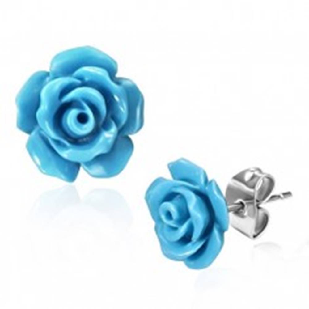 Šperky eshop Oceľové puzetové náušnice, lesklé modré kvietky ruže