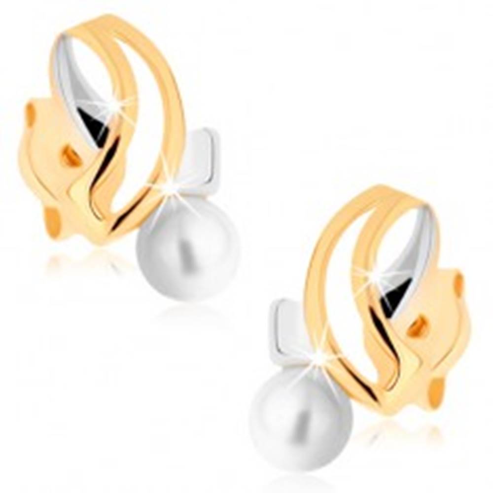 Šperky eshop Náušnice v žltom 9K zlate - dvojfarebné pretínajúce sa línie, biela perla
