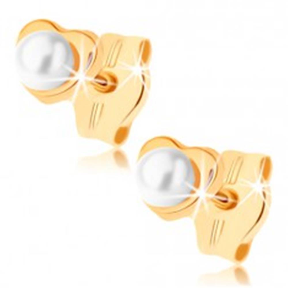 Šperky eshop Náušnice v žltom 9K zlate - malé lesklé srdiečko, guľatá perlička