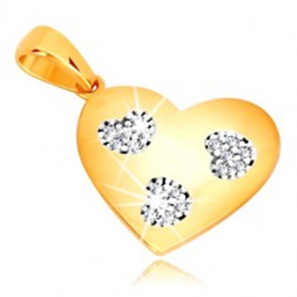 Šperky eshop Prívesok v žltom zlate 585 - symetrické srdce so srdiečkovými výrezmi, zirkóny