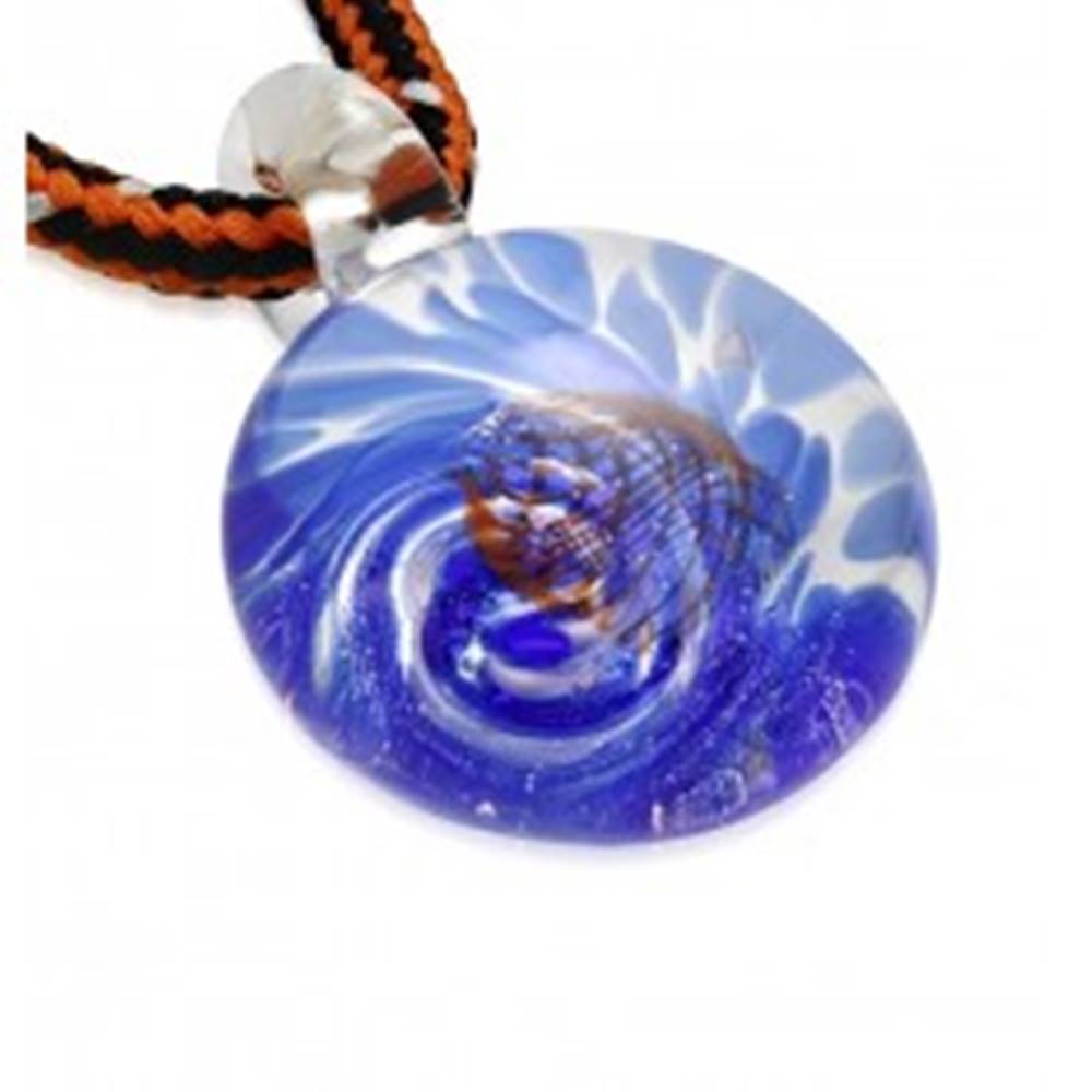 Šperky eshop Šnúrkový náhrdelník - farbené sklo so špirálou modrej farby, oranžové vlnky