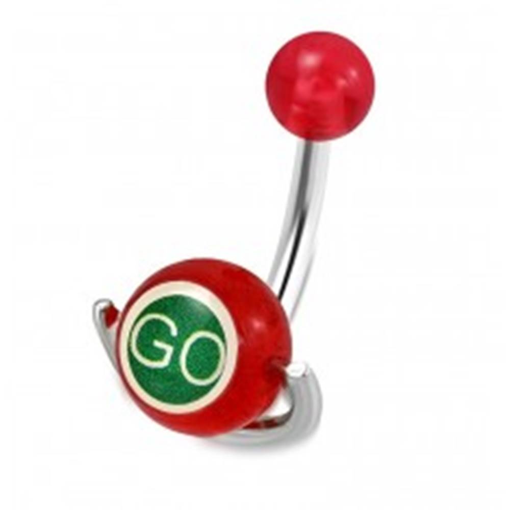 Šperky eshop Piercing do pupku z ocele - červená guľôčka, valček s nápismi "GO" a "STOP"