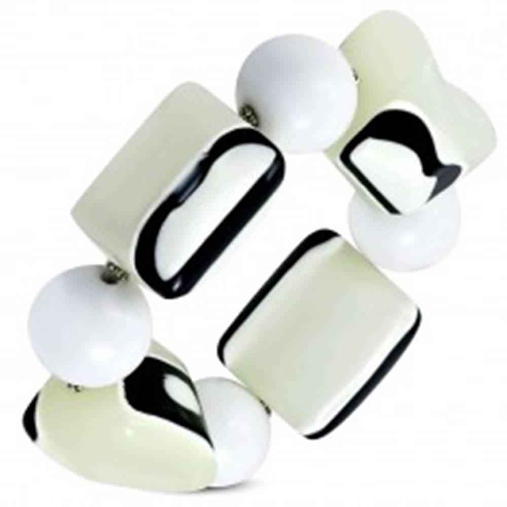 Šperky eshop Strečový náramok - biele guľôčky, korálky z mliečneho skla, čierno-biele očká