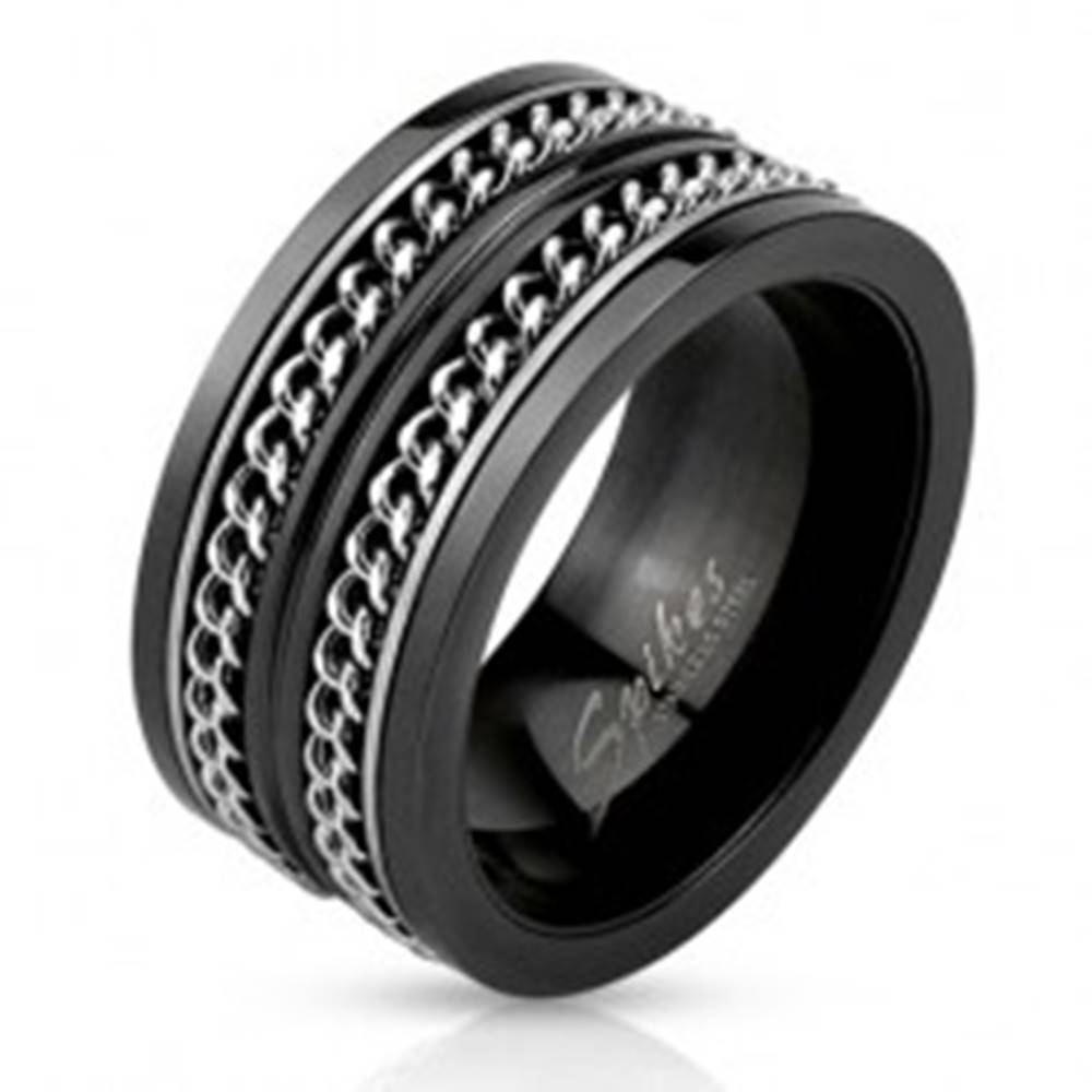 Šperky eshop Čierna oceľová obrúčka, dve retiazky striebornej farby - Veľkosť: 59 mm
