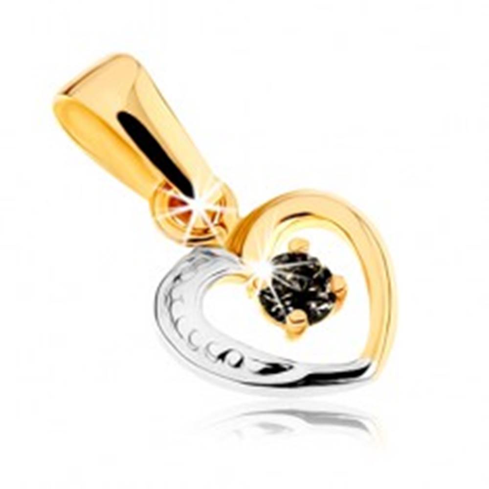 Šperky eshop Dvojfarebný prívesok z 9K zlata - línia pravidelného srdiečka, zafír čiernej farby