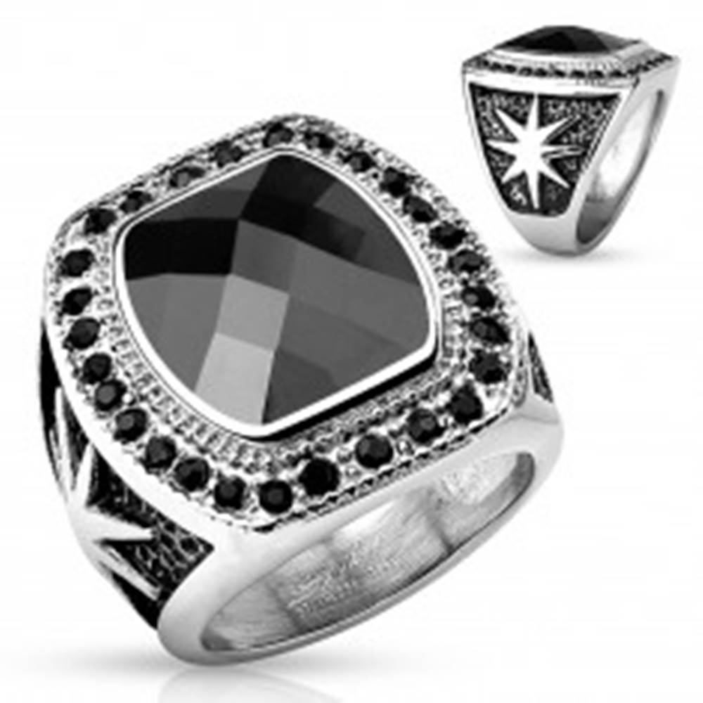 Šperky eshop Masívny oceľový prsteň striebornej farby, veľký čierny kameň a okrúhle zirkóniky - Veľkosť: 59 mm