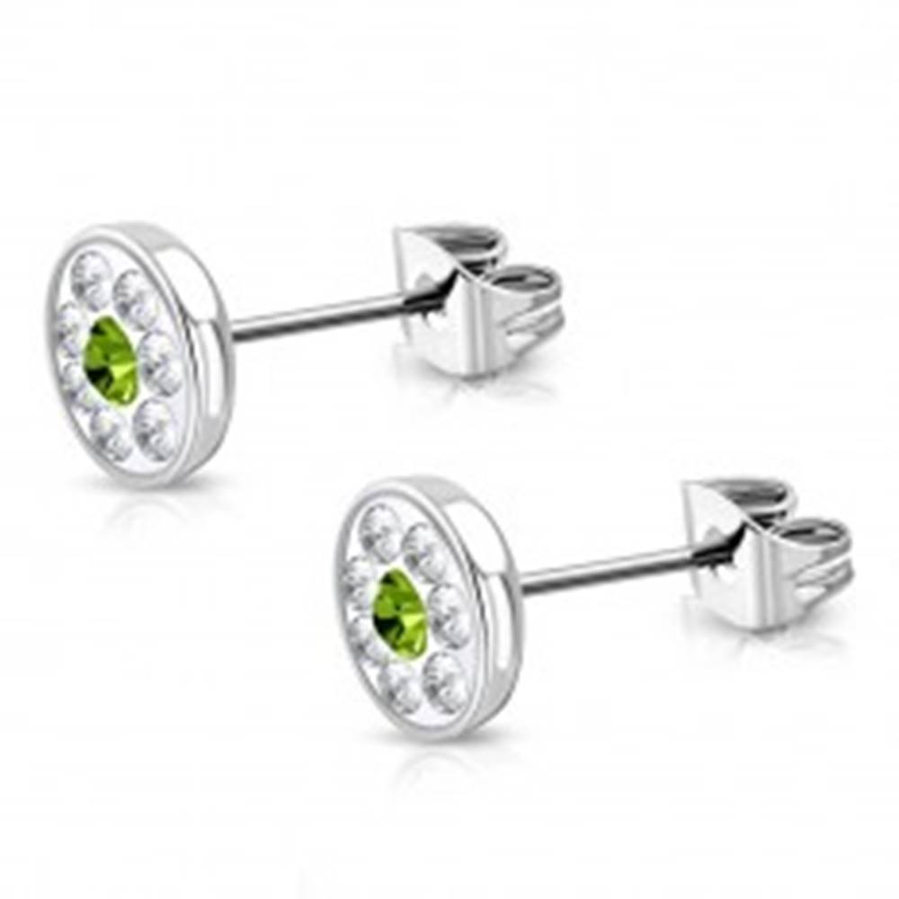 Šperky eshop Náušnice z chirurgickej ocele - okrúhly kvietok so Swarovski® elementmi, zelený zirkón