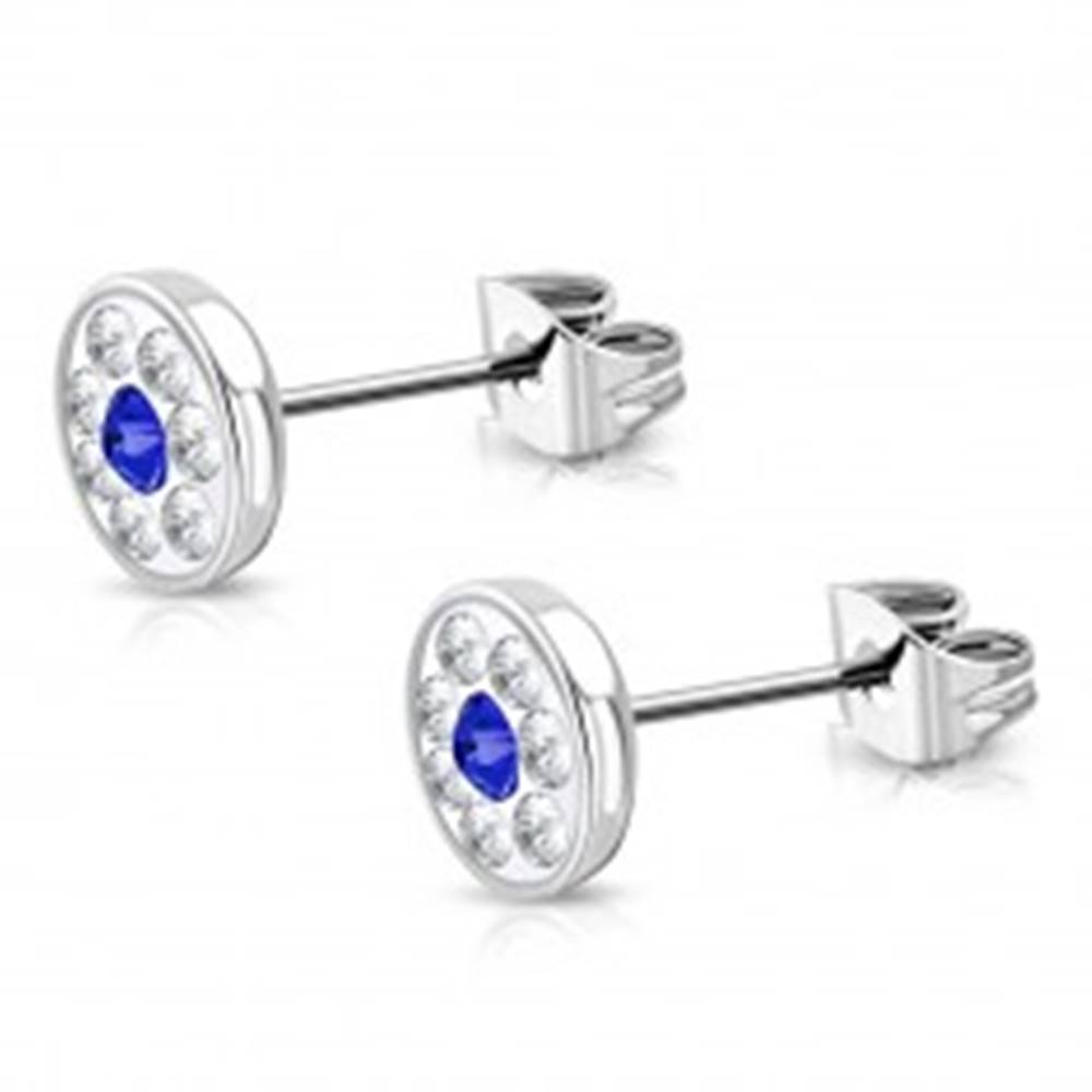 Šperky eshop Oceľové náušnice - okrúhly kvet so Swarovski® elementmi, zafírovomodrý zirkón, 7 mm