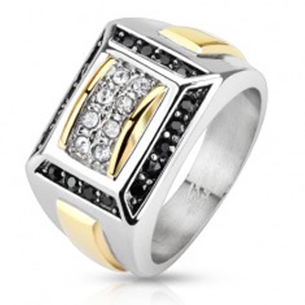 Šperky eshop Oceľový prsteň striebornej a zlatej farby, čierne a číre zirkóny, obdĺžniky - Veľkosť: 56 mm