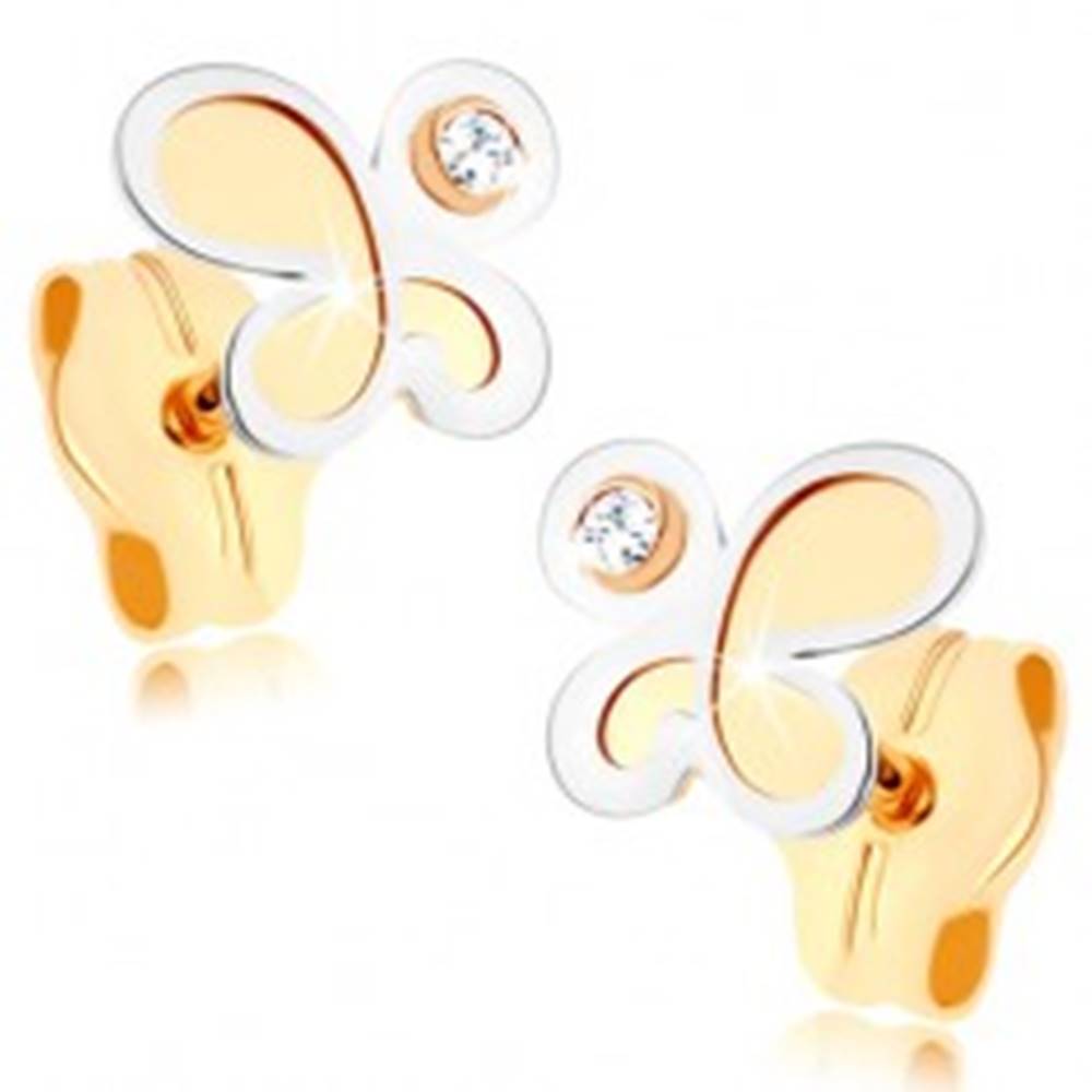 Šperky eshop Zlaté náušnice 375 - dvojfarebný matný motýlik s lesklým obrysom, číry zirkón