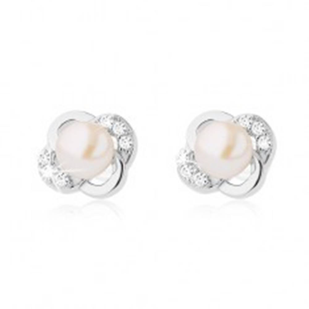 Šperky eshop Strieborné náušnice 925, kvet z hladkých a zirkónových lupeňov, biela perla