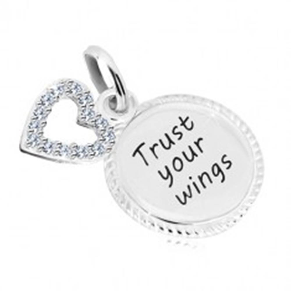 Šperky eshop Strieborný 925 prívesok - krúžok s nápisom "Trust your wings", kontúra srdca so zirkónmi
