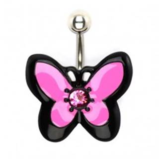 Piercing do bruška z ocele, ružovo-čierny motýľ so zirkónom