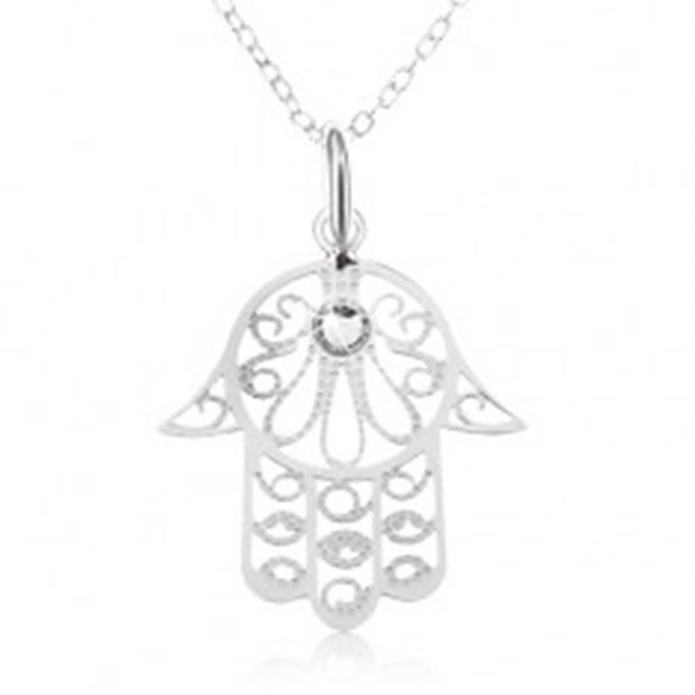 Šperky eshop Strieborný 925 náhrdelník - retiazka z oválnych očiek, ruka Fatimy, číry zirkón