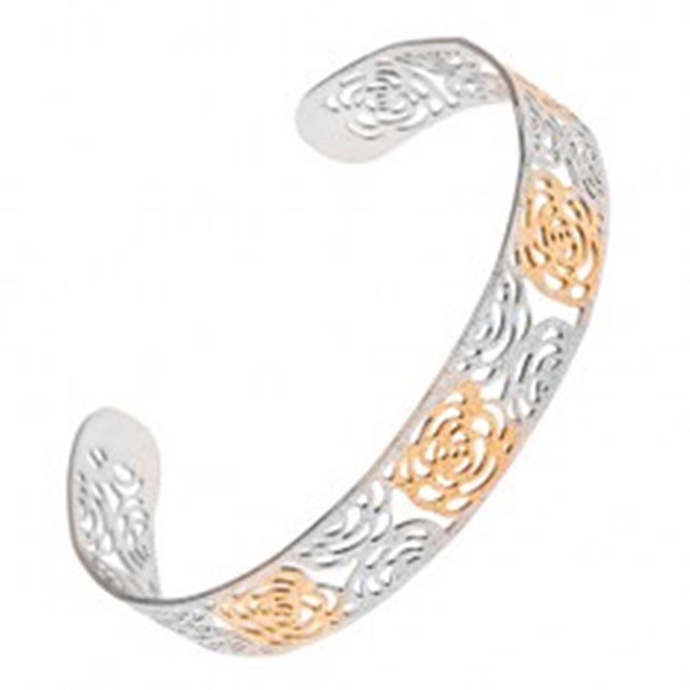 Šperky eshop Vyrezávaný pieskovaný náramok zlato-striebornej farby z ocele, motív ruží