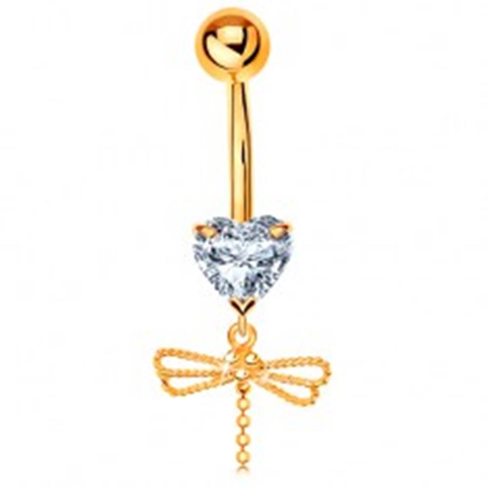 Šperky eshop Zlatý 375 piercing do pupku - číre srdiečko, visiaca vážka s ohybným chvostom