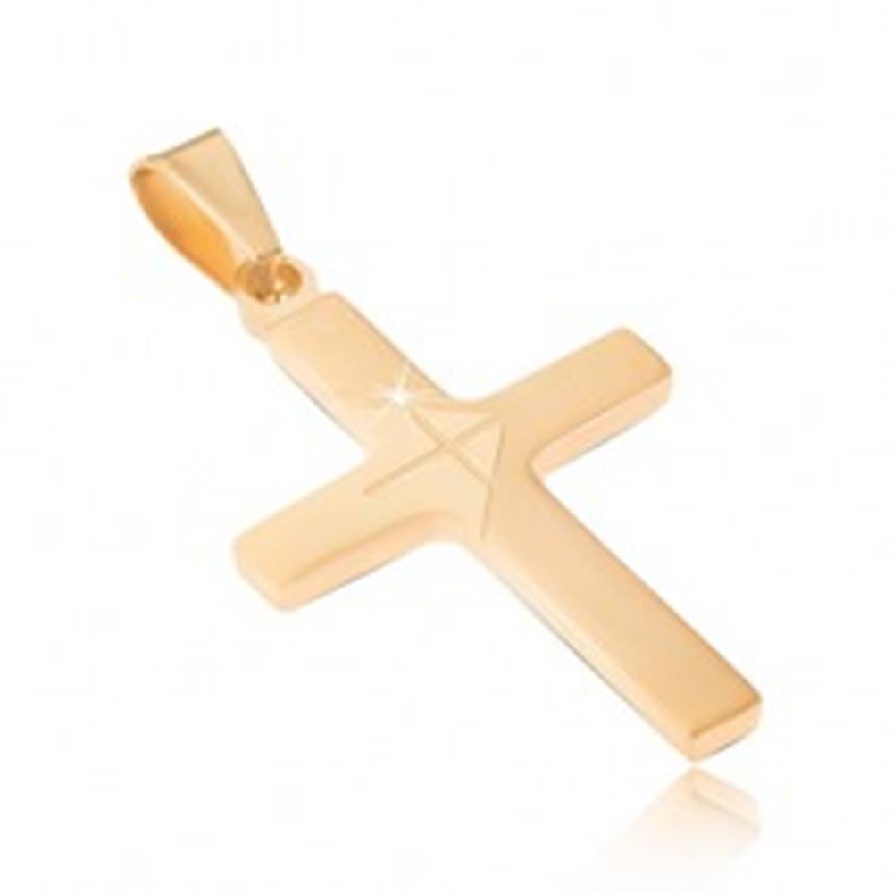 Šperky eshop Prívesok z chirurgickej ocele zlatej farby, lesklý latinský kríž, matná šípka