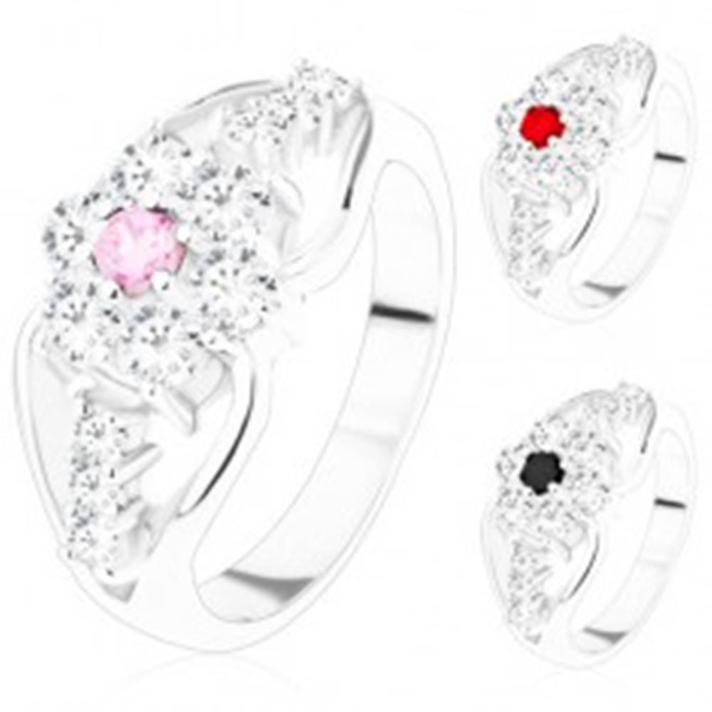 Šperky eshop Prsteň so zirkónovým kvetom a rozdelenými ramenami, trojice čírych zirkónov - Veľkosť: 51 mm, Farba: Ružová