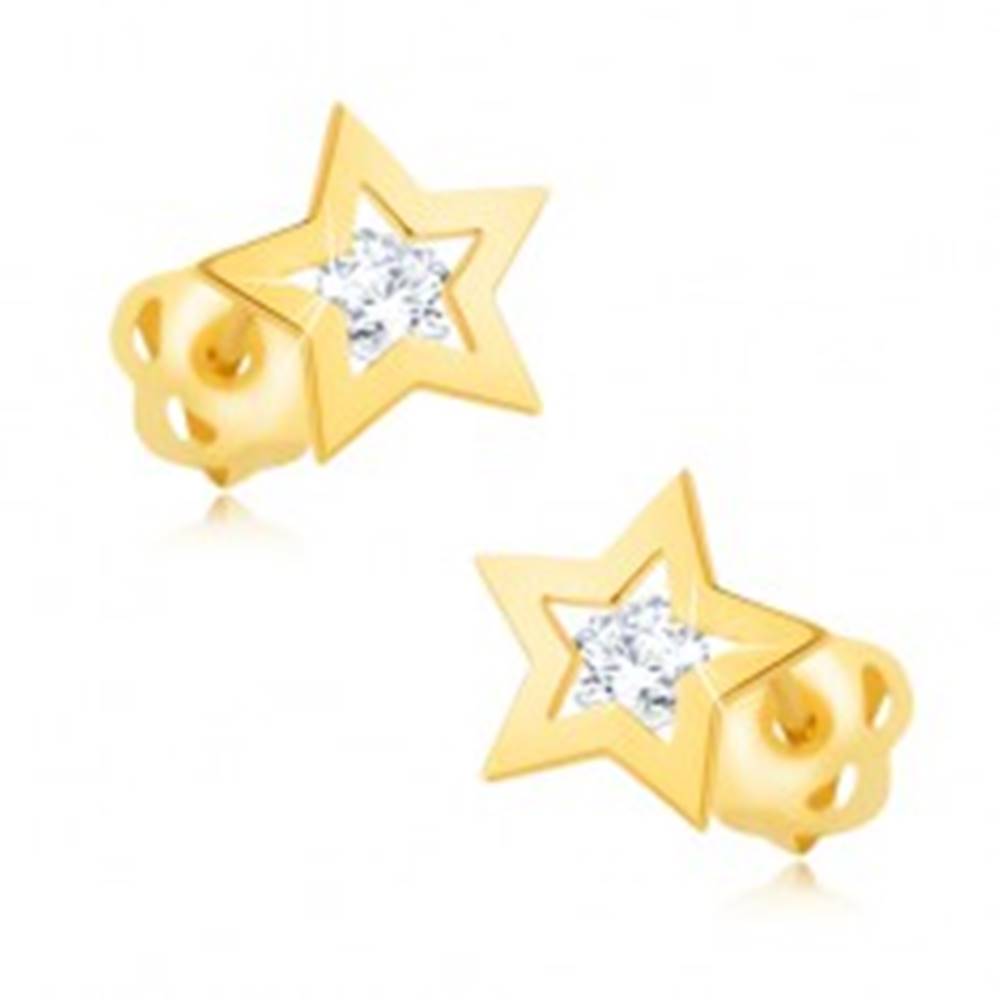 Šperky eshop Náušnice zo žltého 14K zlata - lesklý obrys hviezdičky, číry zirkón