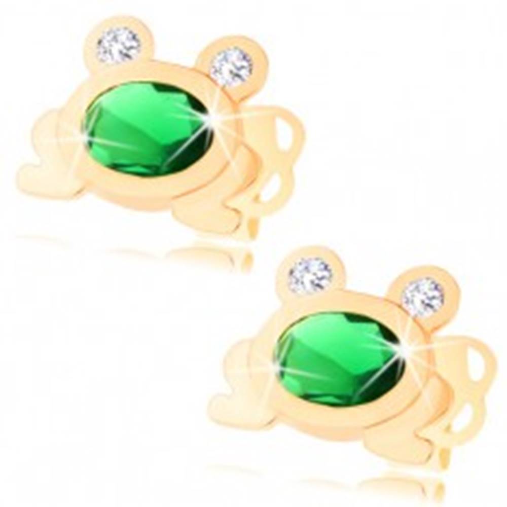 Šperky eshop Zlaté náušnice 585 - malá ligotavá žabka so zeleným oválom a čírymi očami
