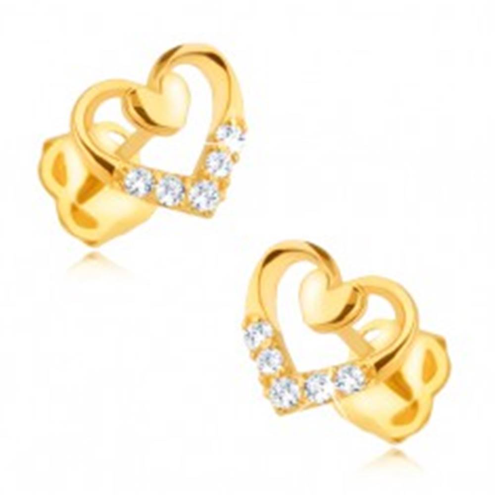Šperky eshop Zlaté náušnice 585 - pravidelný obrys srdca s menším plným, zirkóny