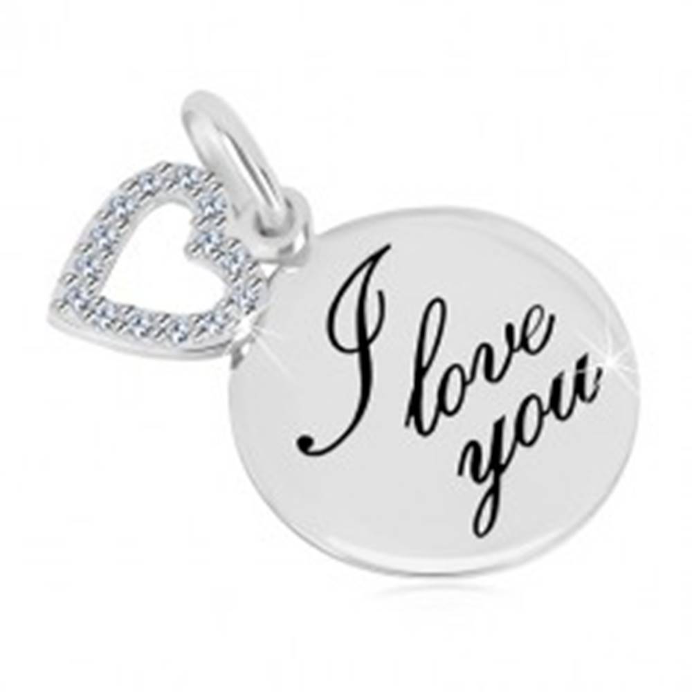 Šperky eshop Prívesok zo striebra 925 - lesklý kruh s nápisom "I love you", obrys srdca so zirkónmi