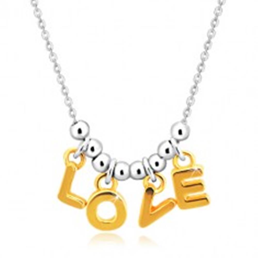 Šperky eshop Náhrdelník zo striebra 925 - retiazka, písmená "L-O-V-E" v zlatom odtieni a guľôčky
