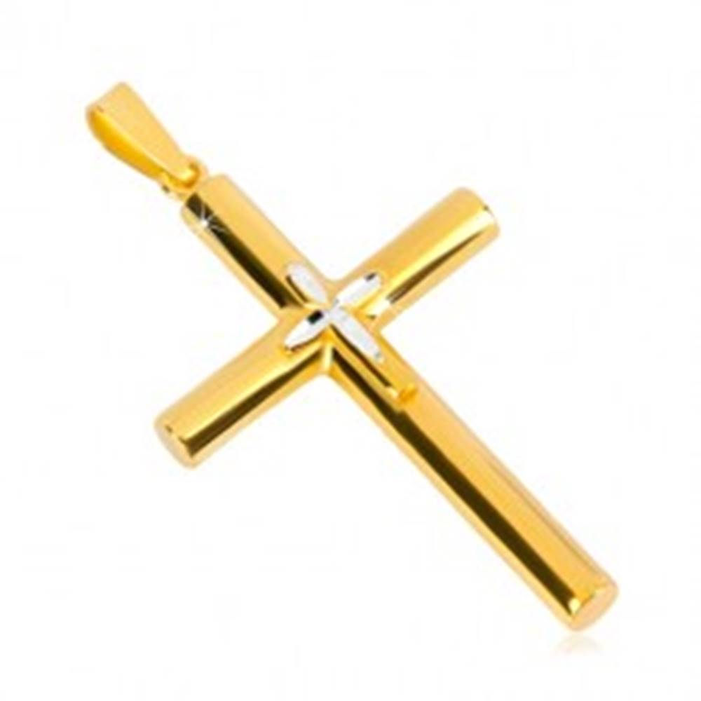 Šperky eshop Strieborný prívesok 925 - kríž zlatej farby, menší krížik uprostred, zrniečkové zárezy