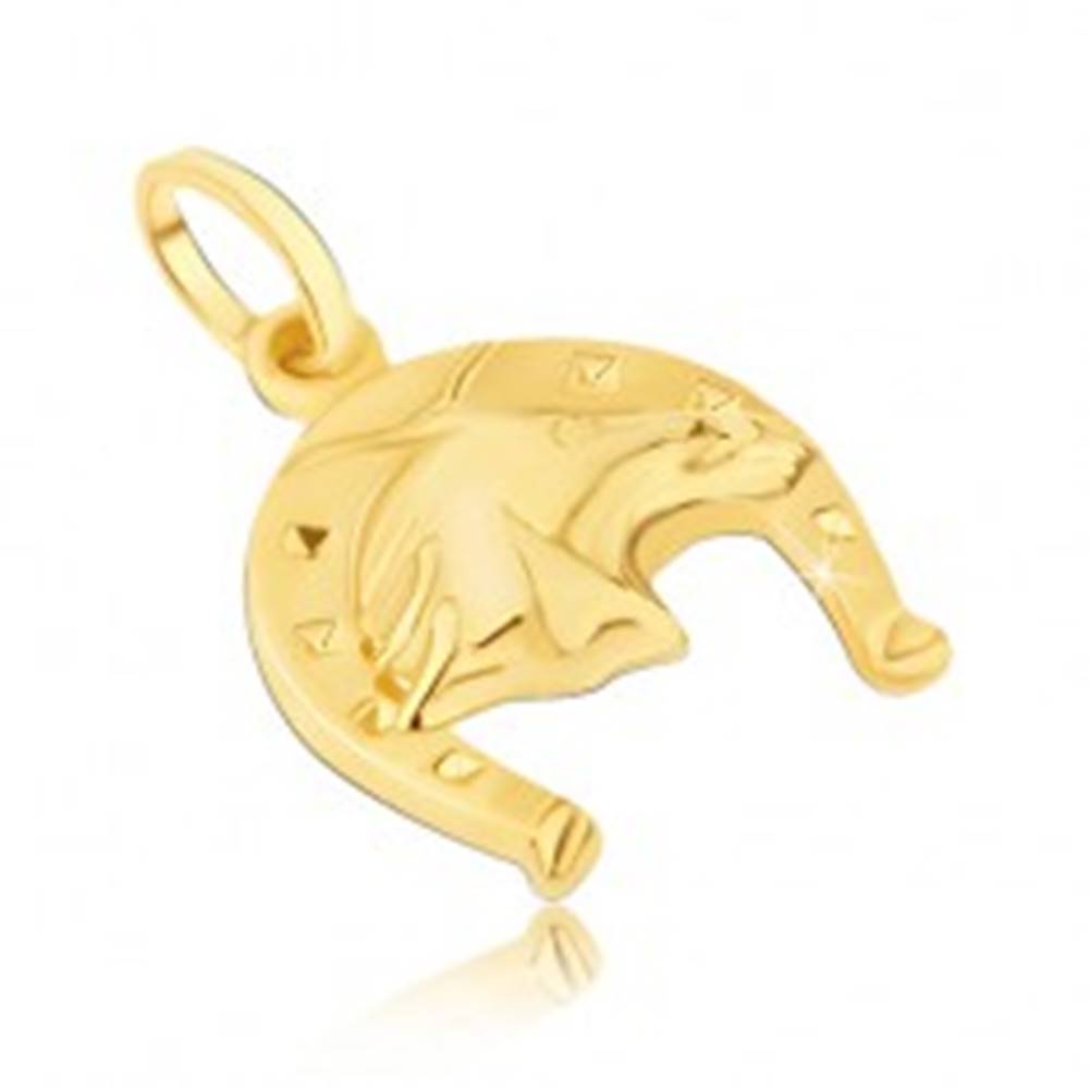 Šperky eshop Prívesok zo 14K zlata - podkova so štvorčekmi a s 3D hlavou koňa