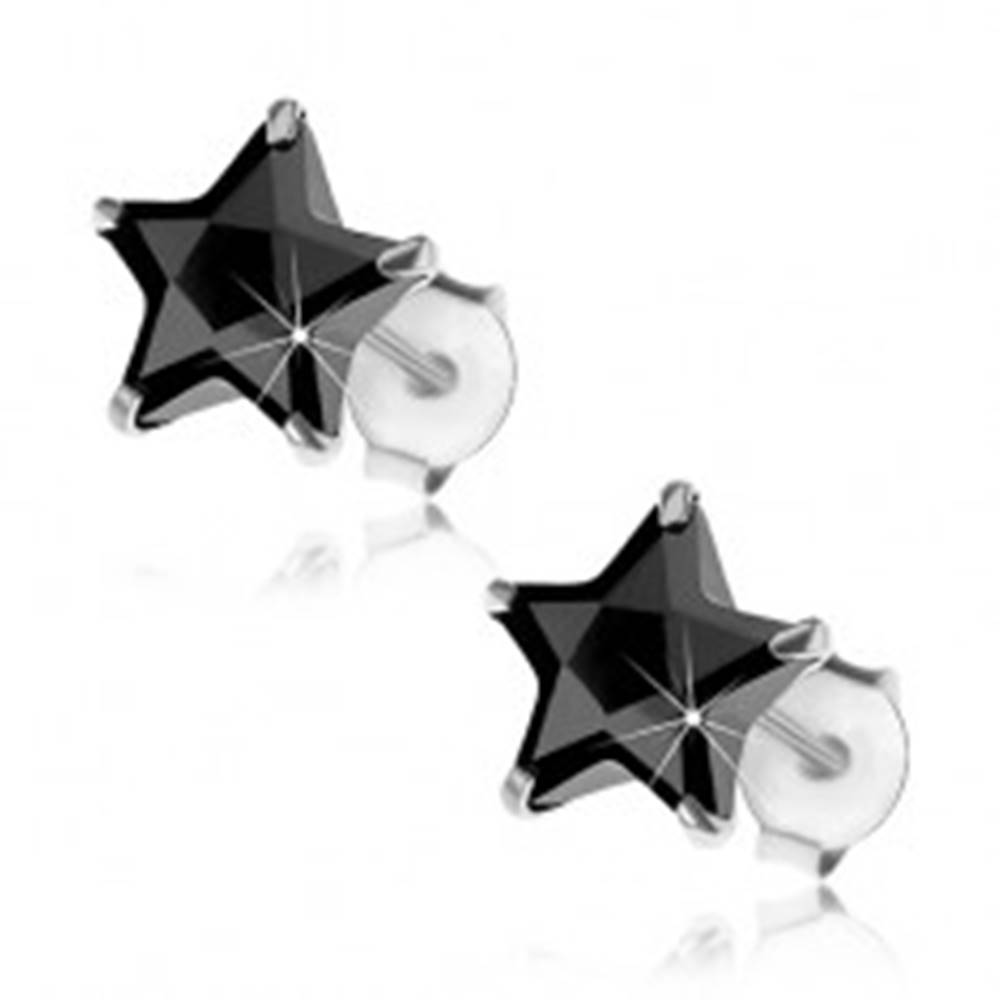 Šperky eshop Puzetové strieborné náušnice 925, čierna zirkónová hviezdička, 8 mm