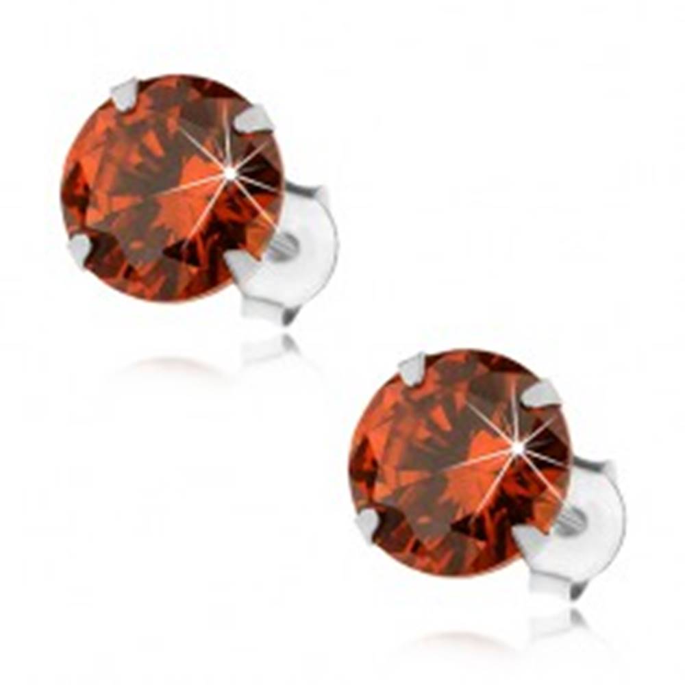 Šperky eshop Strieborné 925 náušnice, okrúhly zirkón v oranžovom odtieni, 8 mm