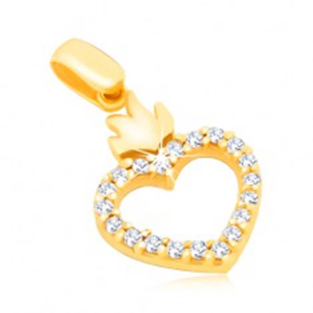 Šperky eshop Zlatý 14K prívesok - obrys srdca so zirkónmi a s korunkou
