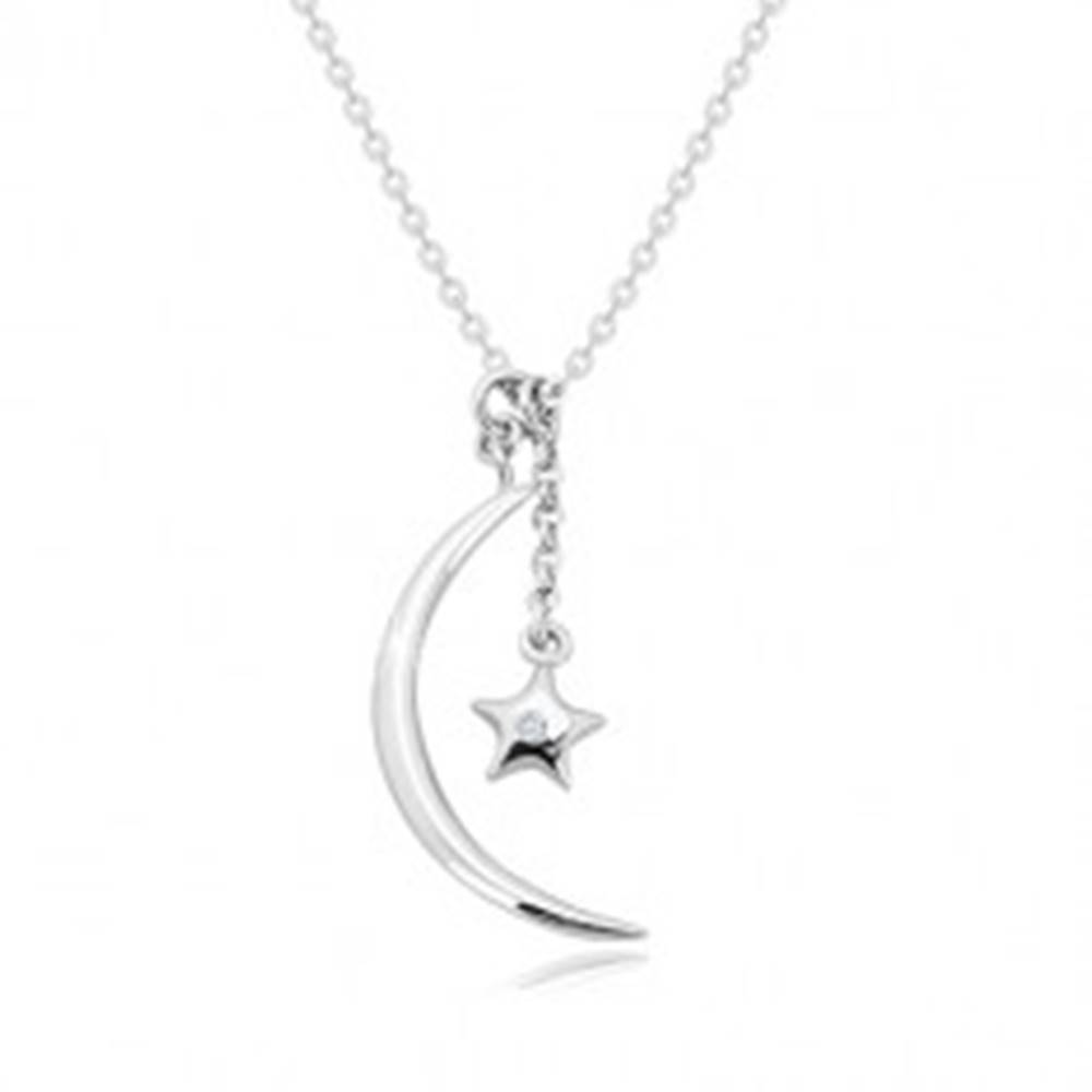 Šperky eshop Diamantový náhrdelník, striebro 925 - lesklý polmesiac a hviezda s briliantom