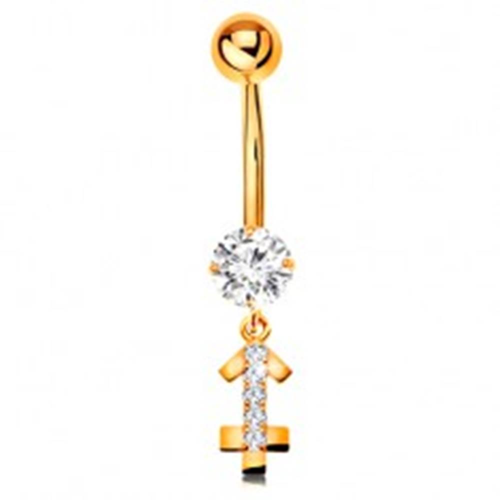 Šperky eshop Zlatý 14K piercing do bruška - číry zirkón, ligotavý symbol zverokruhu - STRELEC