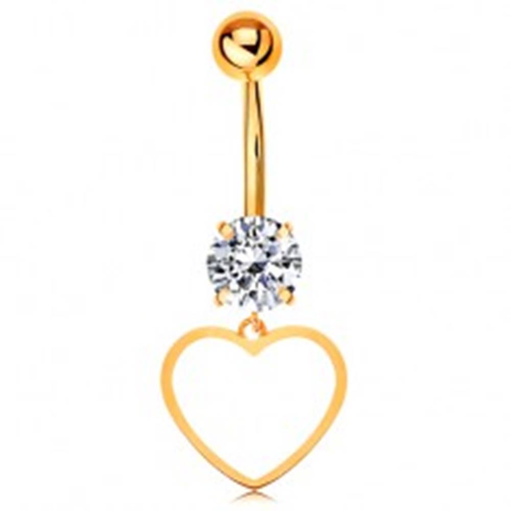 Šperky eshop Zlatý 14K piercing do bruška - číry zirkón, tenký obrys súmerného srdiečka
