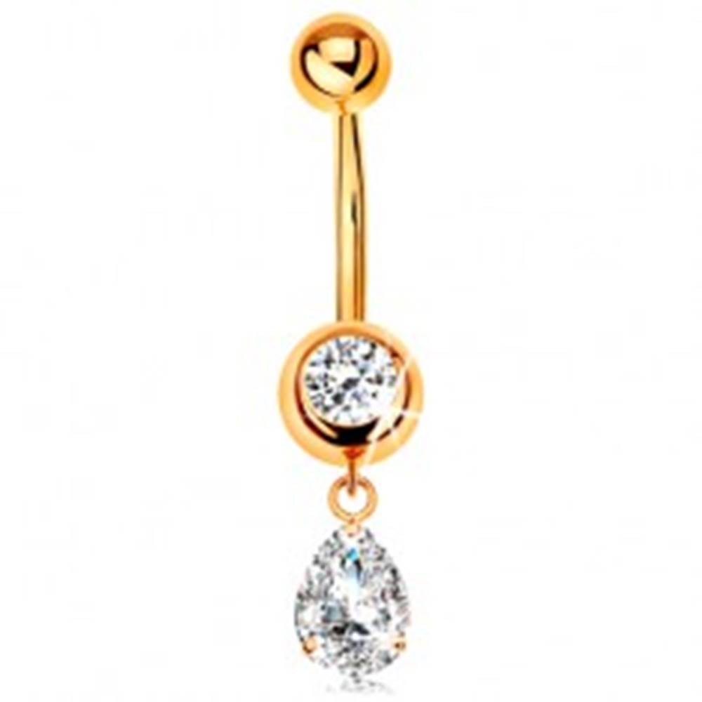 Šperky eshop Zlatý 585 piercing do pupku - okrúhly zirkón v objímke, visiaca zirkónová slza