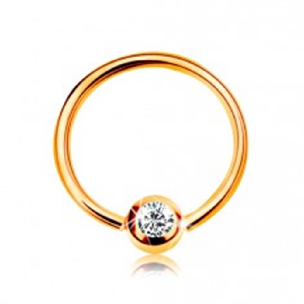 Šperky eshop Zlatý 14K piercing - lesklý krúžok a gulička so vsadeným zirkónom čírej farby, 8 mm