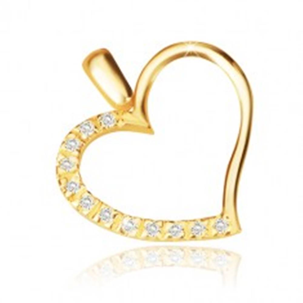Šperky eshop Prívesok v žltom 14K zlate - obrys nesúmerného srdca, ligotavá zirkónová polovica