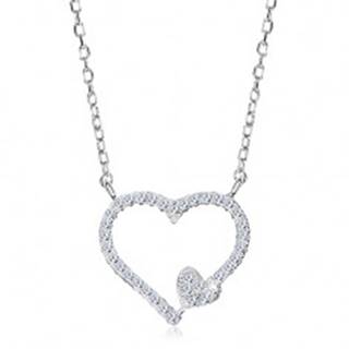 Ródiovaný náhrdelník, striebro 925, zirkónová kontúra srdca a malé srdiečko