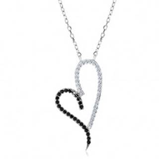 Strieborný náhrdelník 925, obrys asymetrického srdca, číre a čierne zirkóniky