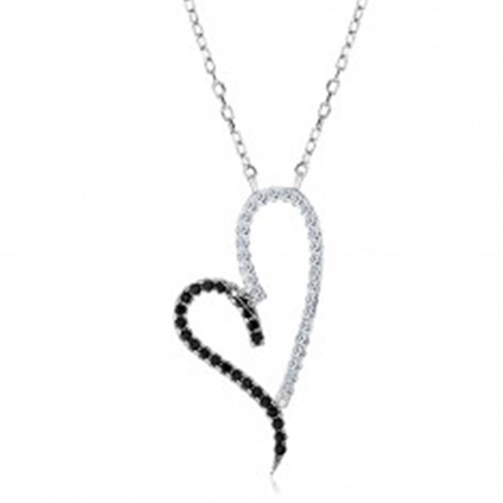 Šperky eshop Strieborný náhrdelník 925, obrys asymetrického srdca, číre a čierne zirkóniky