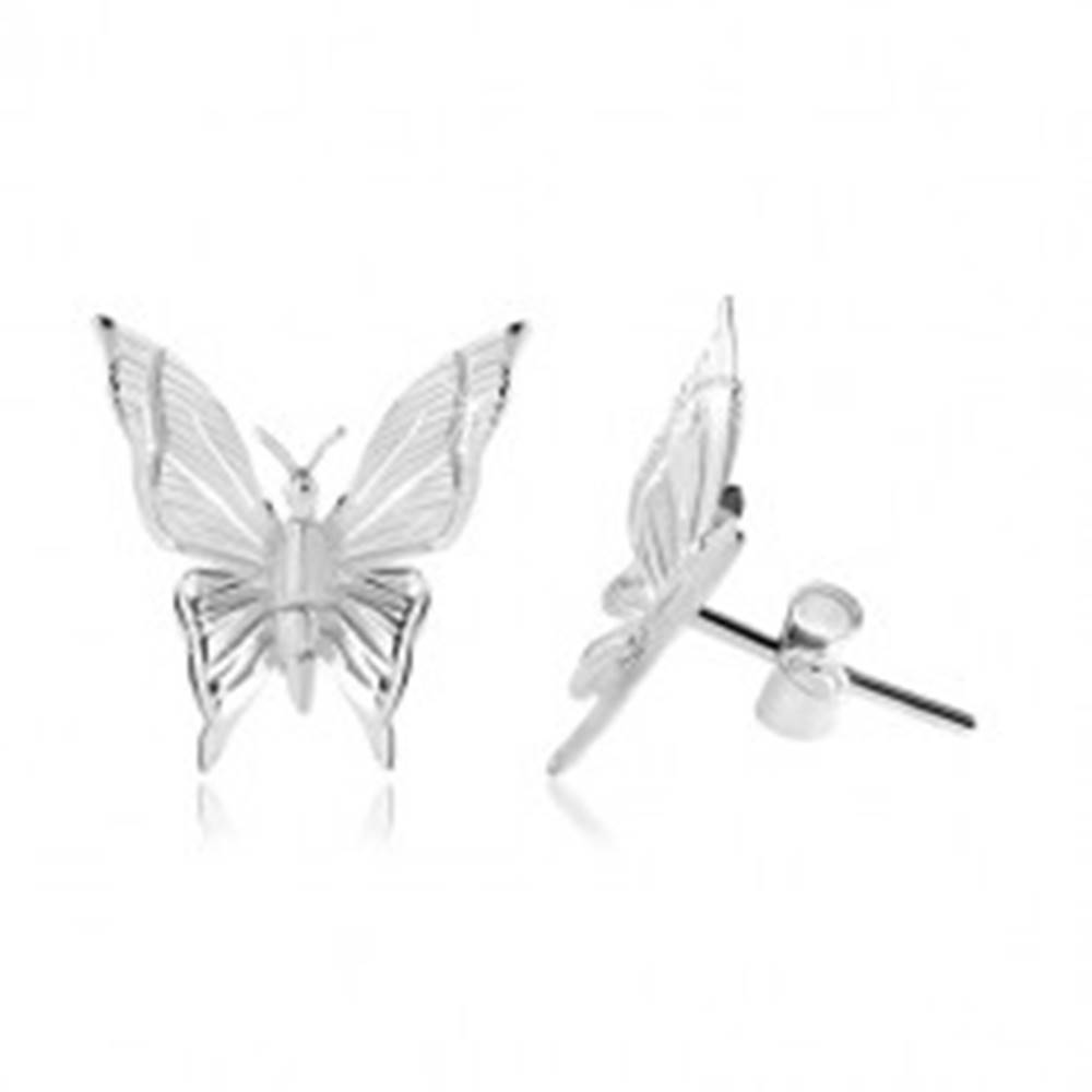 Šperky eshop Strieborné 925 náušnice, motýľ s gravírovanými zárezmi na krídlach