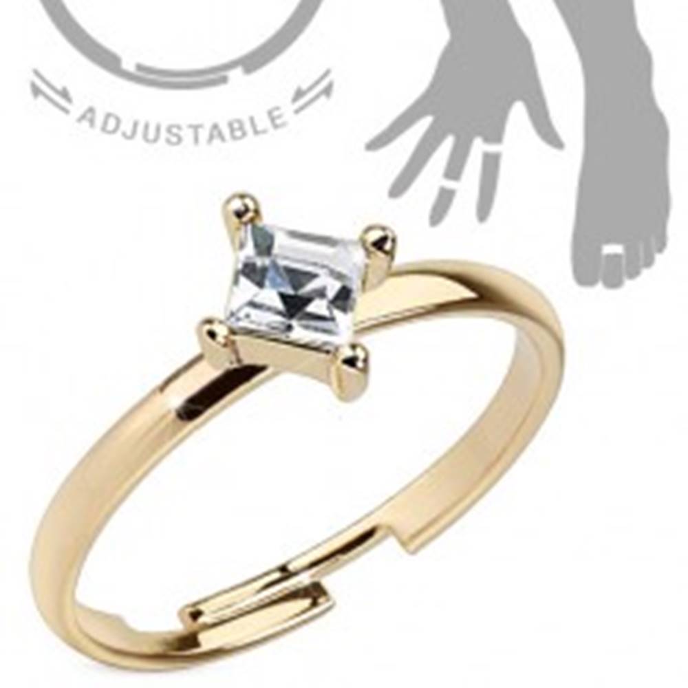 Šperky eshop Nastaviteľný prsteň na ruku alebo nohu zlatej farby, štvorcový číry zirkón - Veľkosť: 50 mm