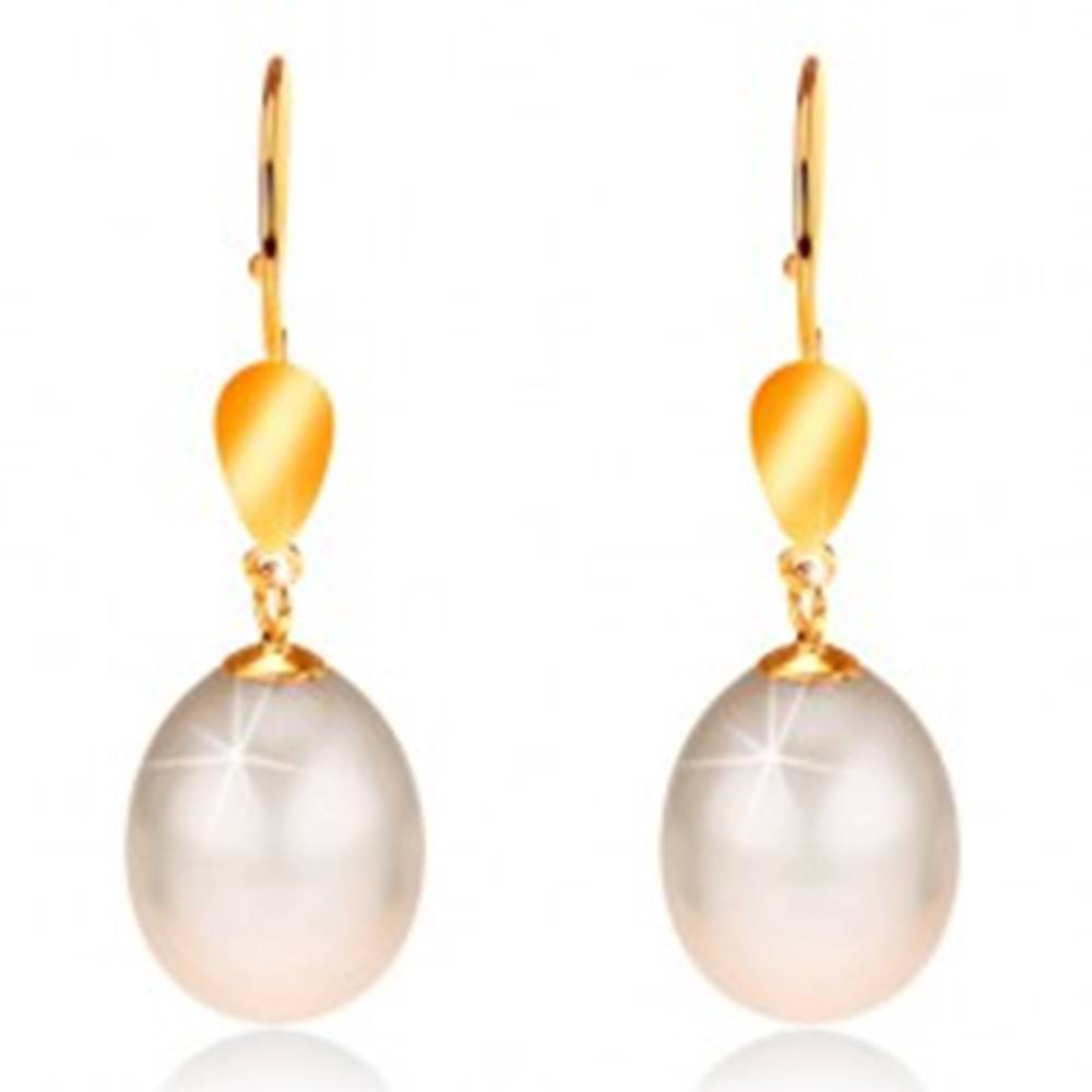 Šperky eshop Zlaté 14K náušnice - lesklý ovál, veľká perla smotanovej farby, háčiky
